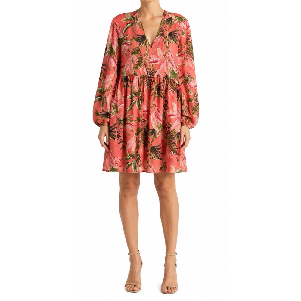 Janina Womens M(40/42) Coral Tropical 3/4 Sleeve Cover Up Dress